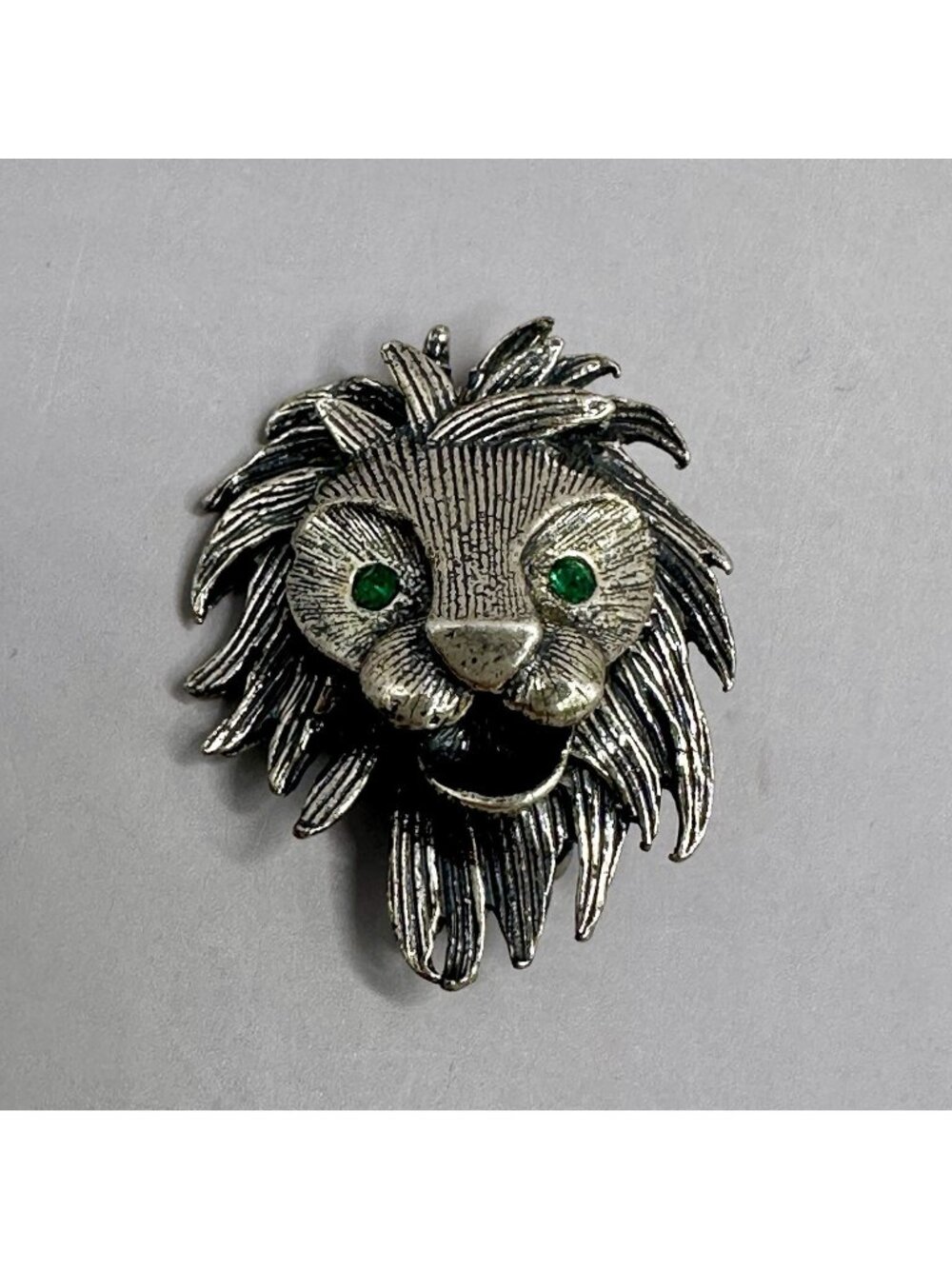 Lion Head Brooch Danecraft Sterling Silver Whimsical Pin Faceted Emerald Eyes